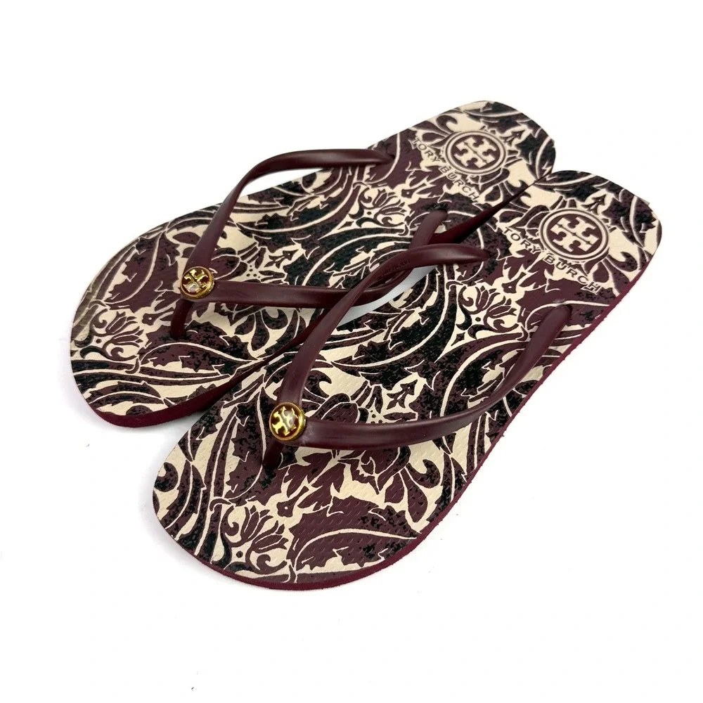 Tory Burch Flip Flops 10 Cabernet Arabesque Slip On Sandals Womens Damask Chic